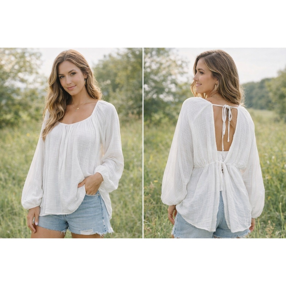 Forever 21 White Gauze Peasant Blouse Boho Cottagecore Balloon Sleeve Women 0X